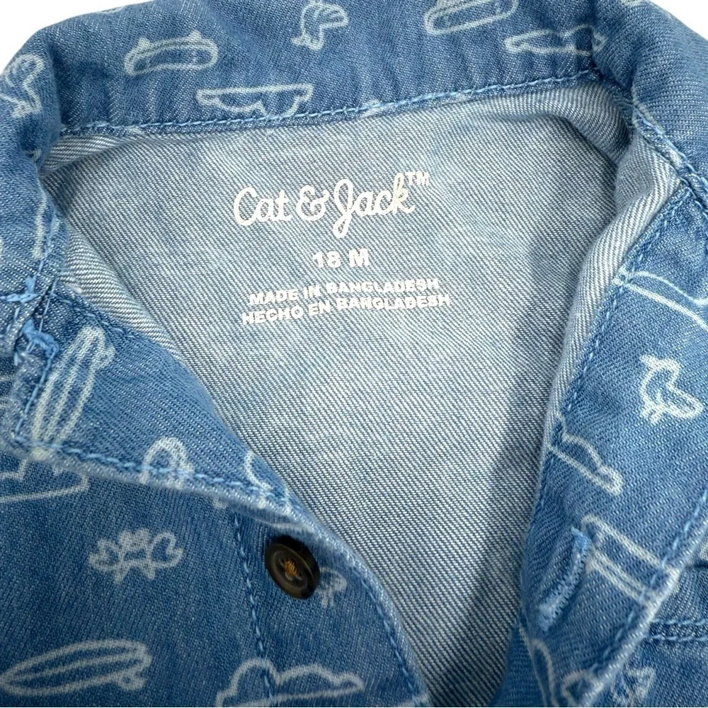 Cat & Jack Short Sleeve Denim Button-Down Shirt Pull On Shorts Set Medium Wash